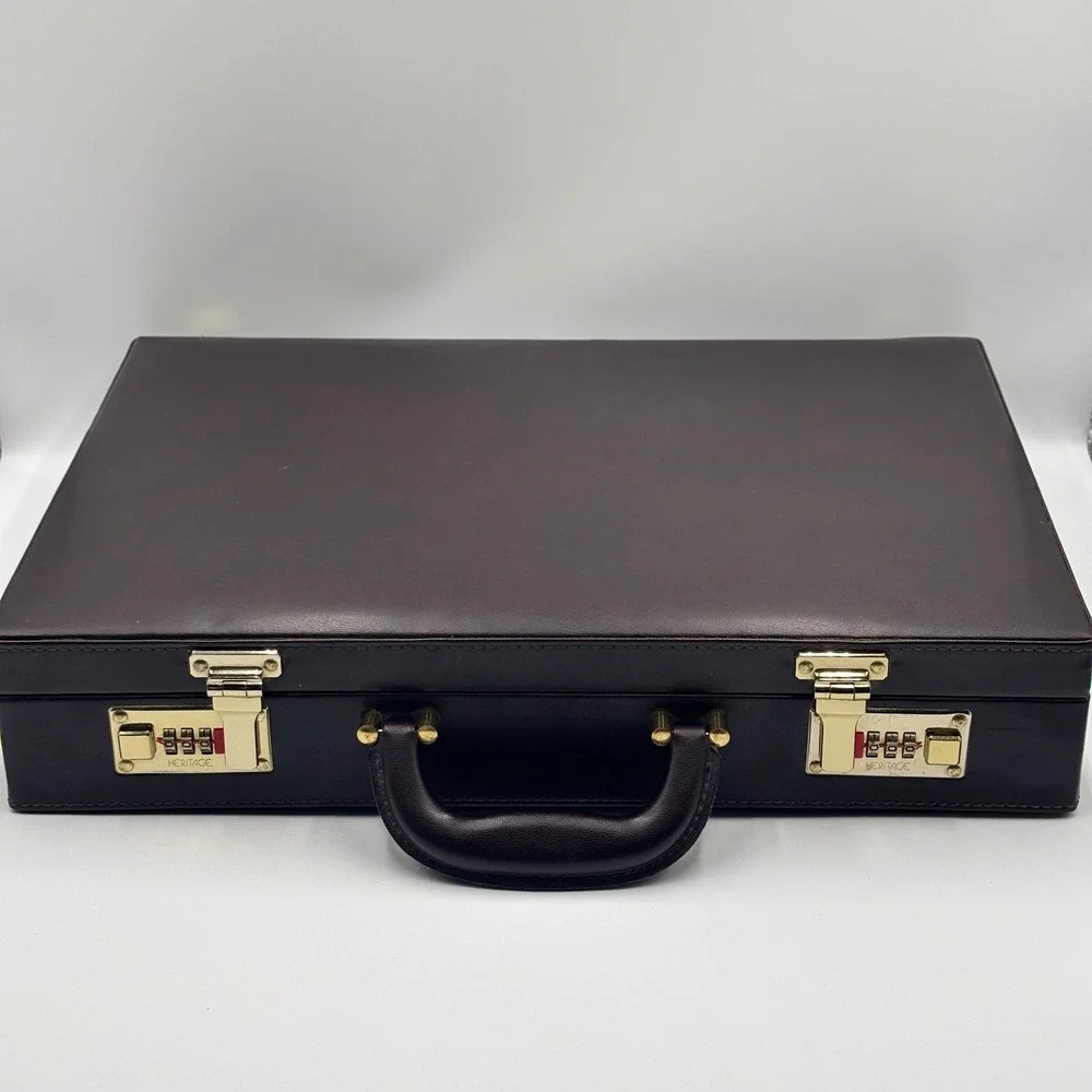 Heritage Industries Brown Leather Hardside Briefcase Combination Lock Attache